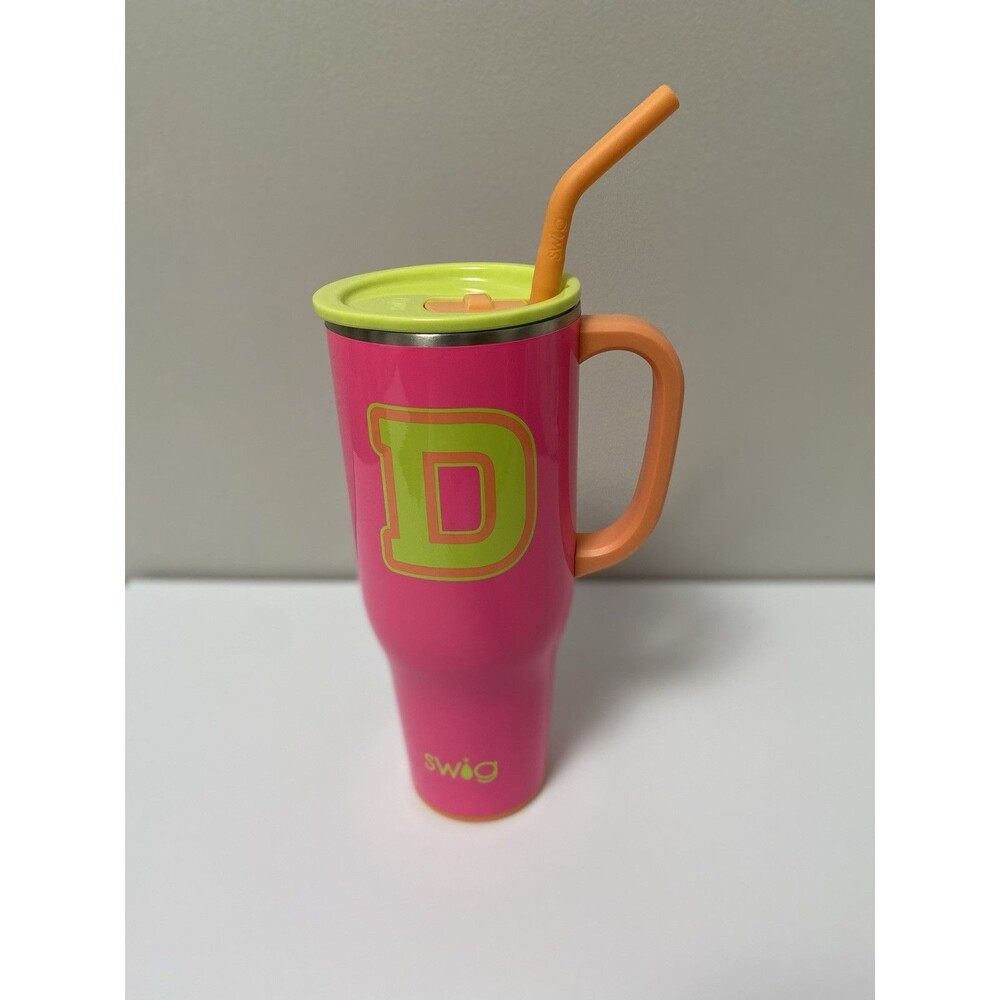 SWIG Life 40 oz Initial D Pink Mug Tumbler with Lid And Straw